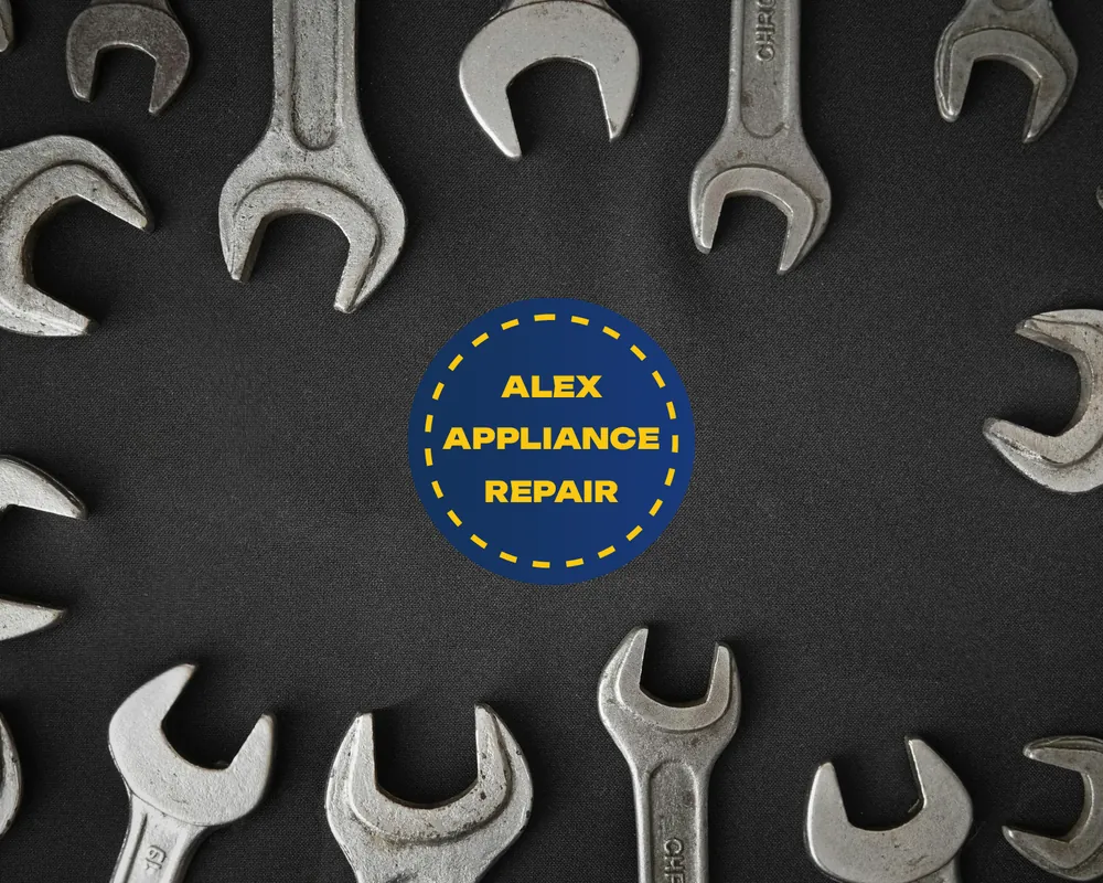 Alex Appliance Repair service logo surrounded by appliance repair tools