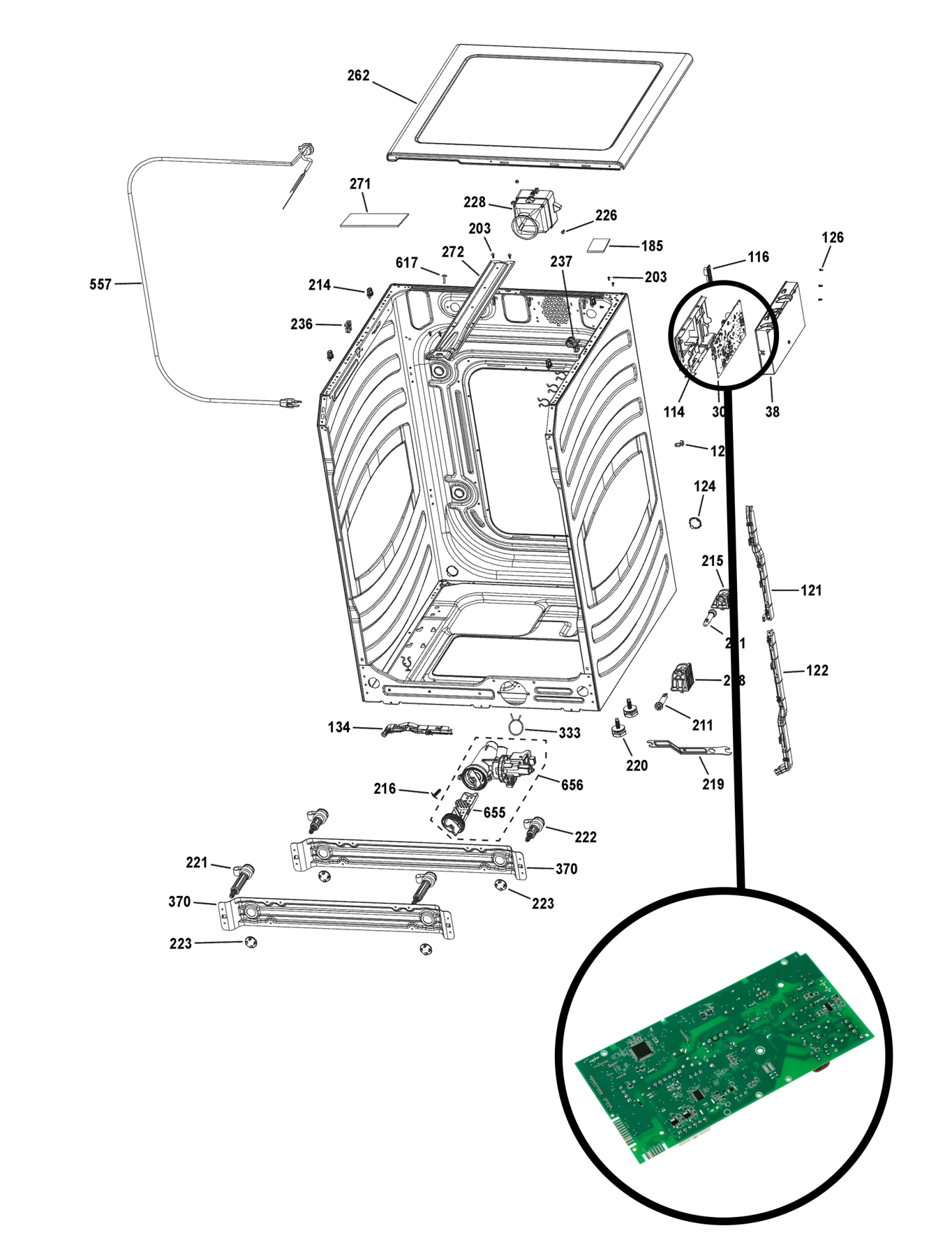 GE GFW550SSN3WW cabinet diagram highlighting the main control board location