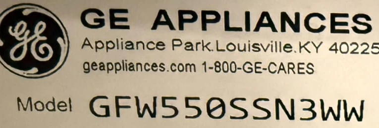 GE appliance label showing washer model GFW550SSN3WW