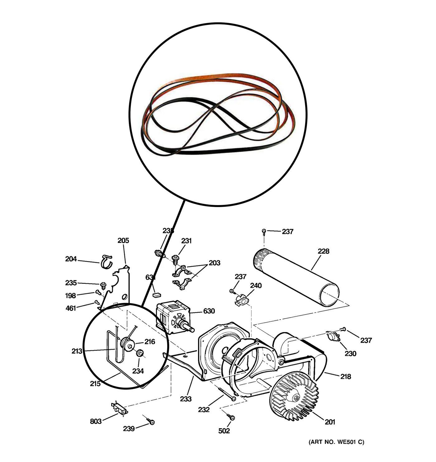 Supplied reference diagram highlighting the drive belt and motor assembly, not a service photograph