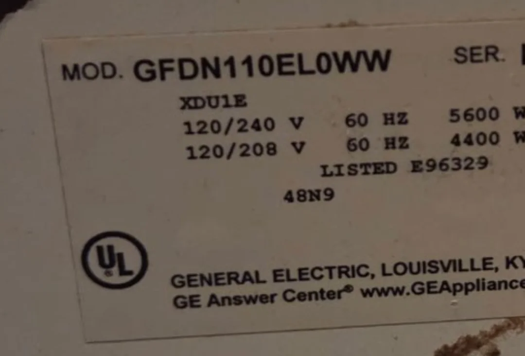 GE dryer identification label showing model GFDN110EL0WW