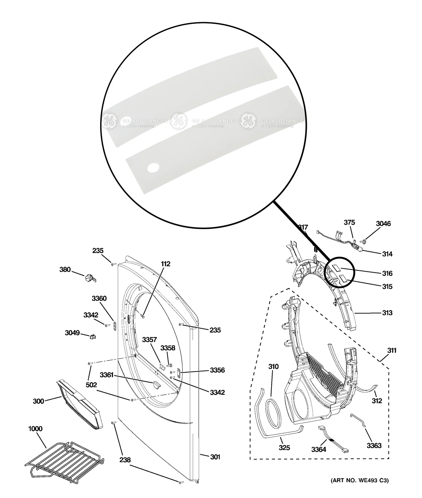 Supplied reference diagram showing the front upper drum slides and their support