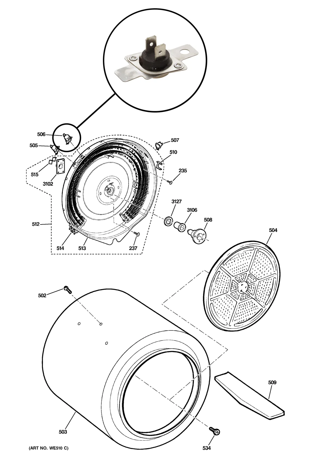 Supplied reference diagram locating a thermostat at the rear heater assembly