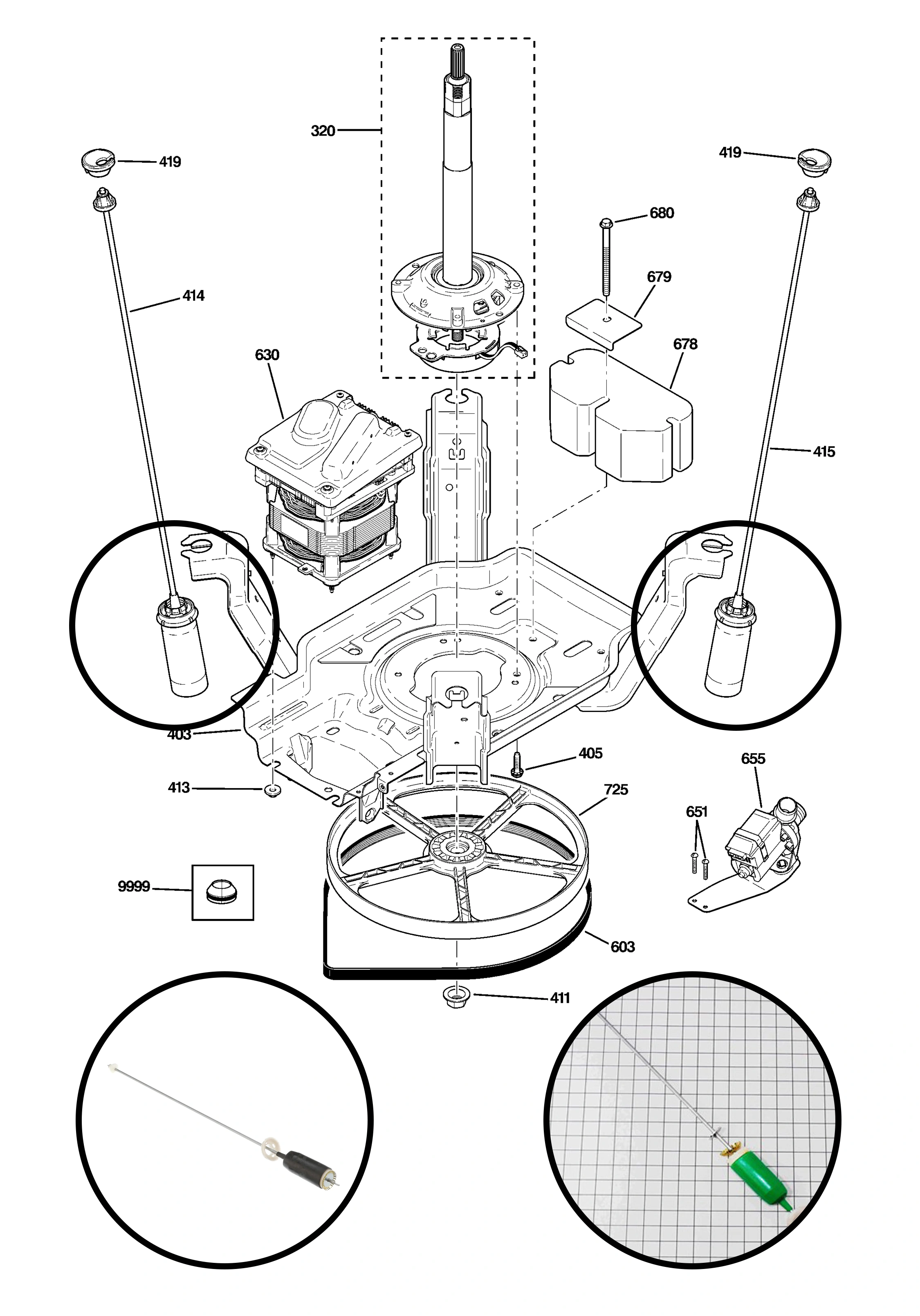 GE WCSR4170G6WW washer suspension diagram with rod assemblies highlighted