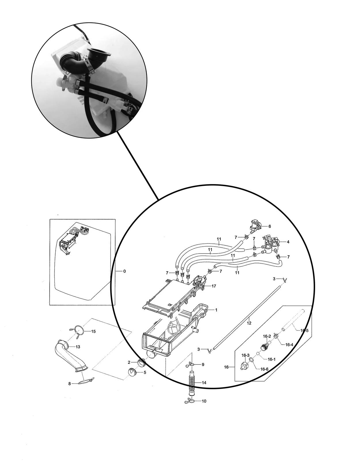 Supplied component reference showing the drawer housing assembly and its connected parts