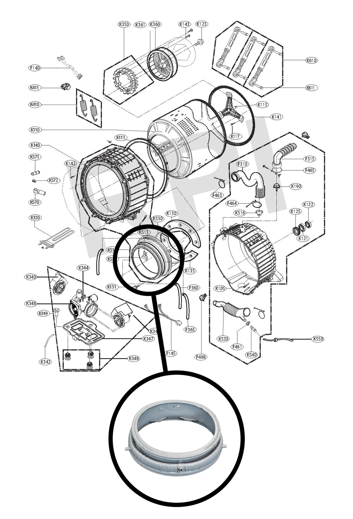 Washer assembly diagram with the door gasket highlighted