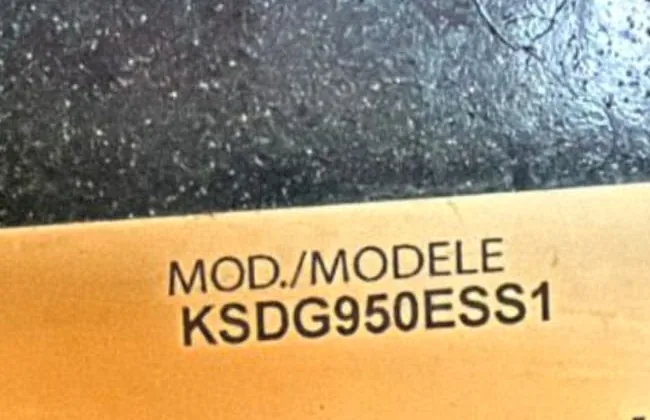 KitchenAid KSDG950ESS1 model label cropped to exclude serial details