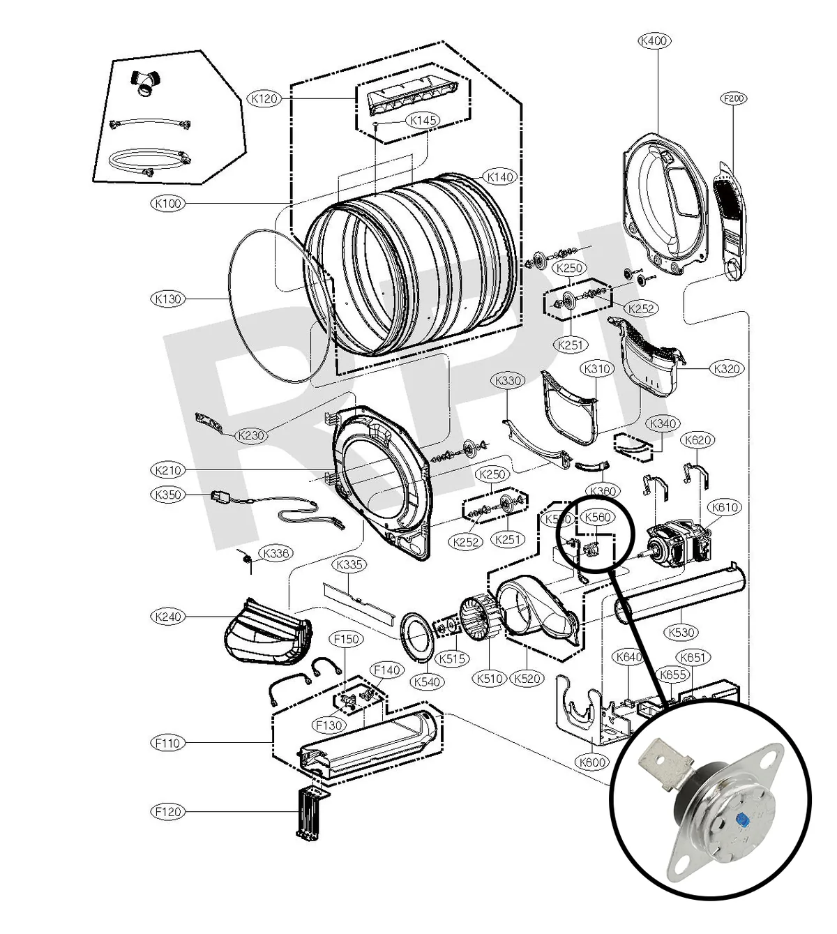 LG DLE3400W parts diagram highlighting the K560 blower thermostat