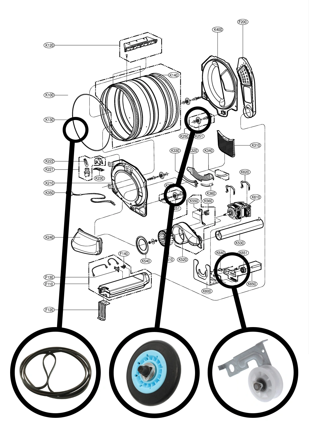 Dryer drum assembly diagram highlighting the belt, support rollers and idler pulley