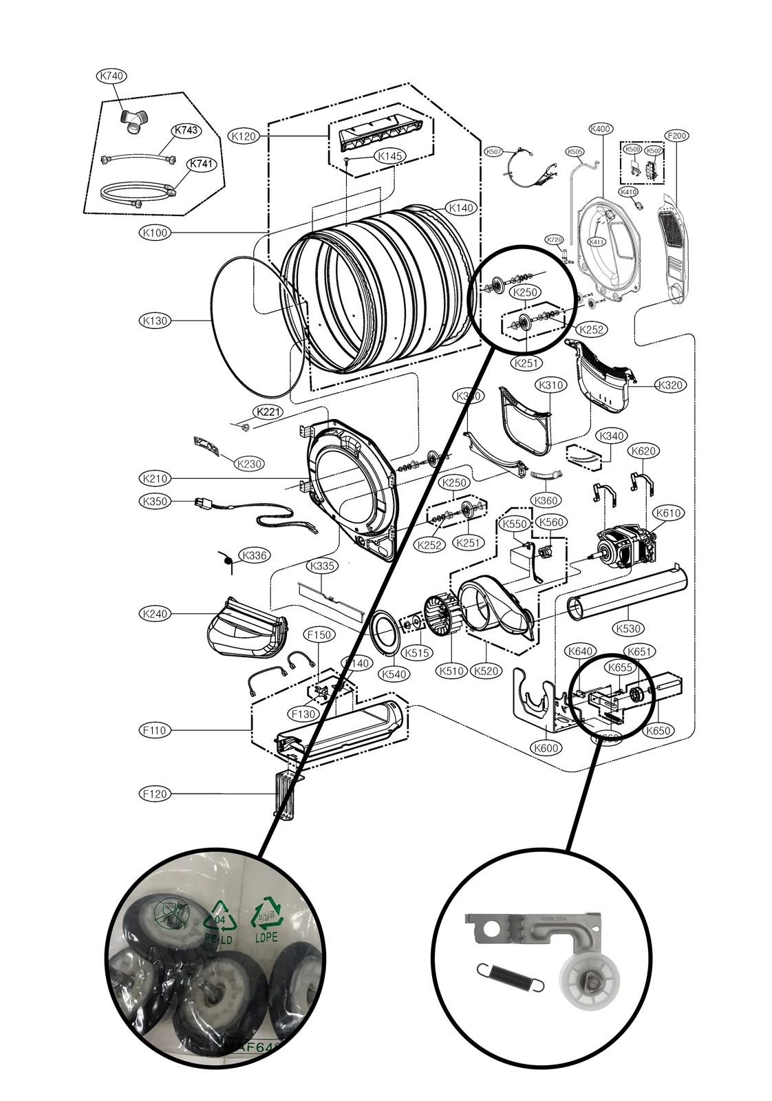 Reference diagram of the LG dryer drum supports and idler pulley location