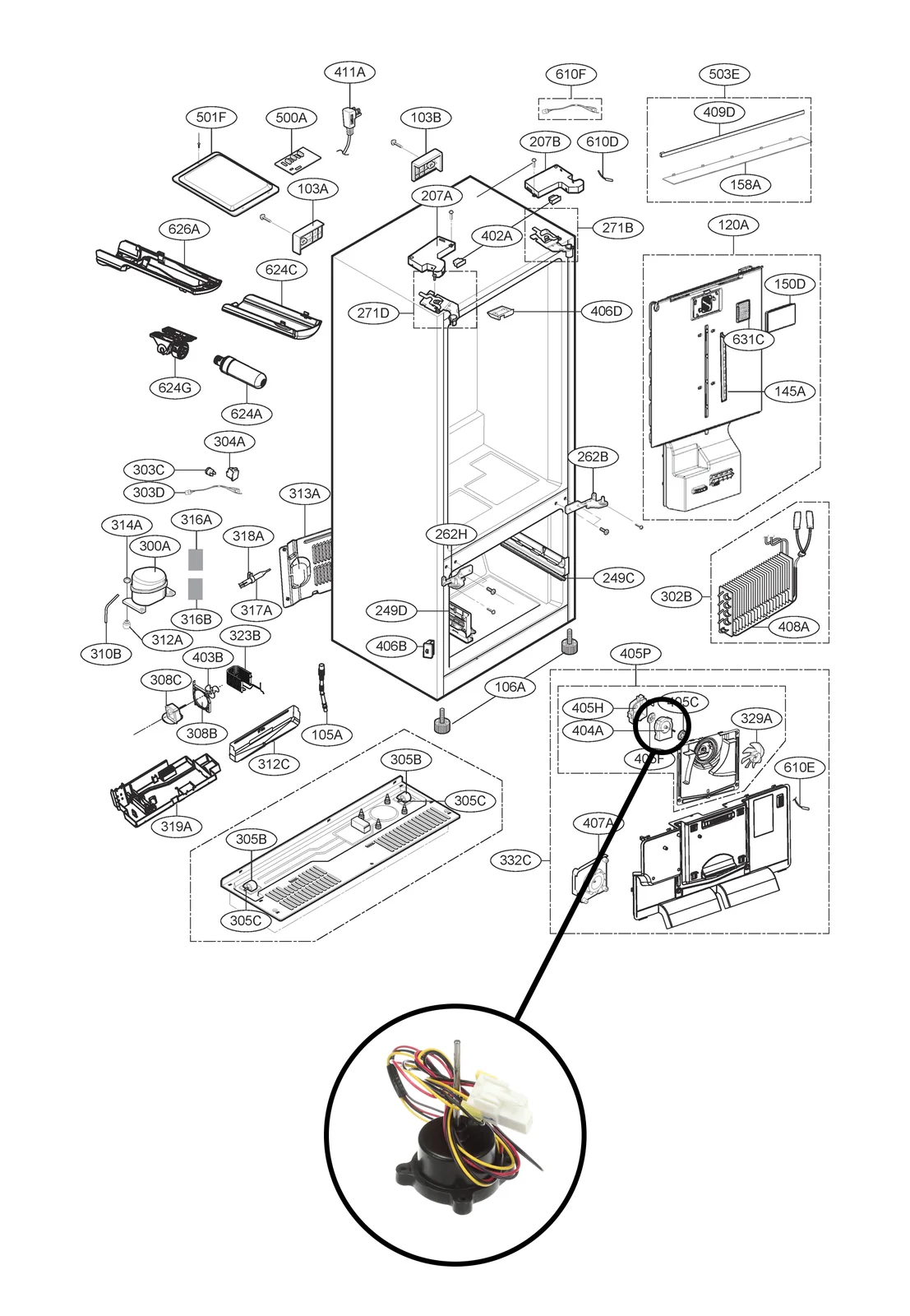 Supplied LG reference diagram highlighting the freezer fan motor location