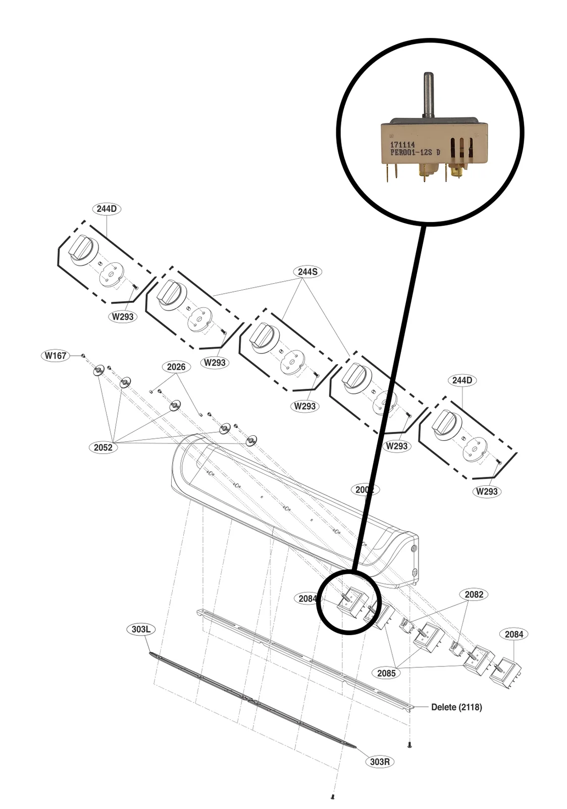 Supplied reference diagram highlighting a surface-element control switch behind the LG range front panel