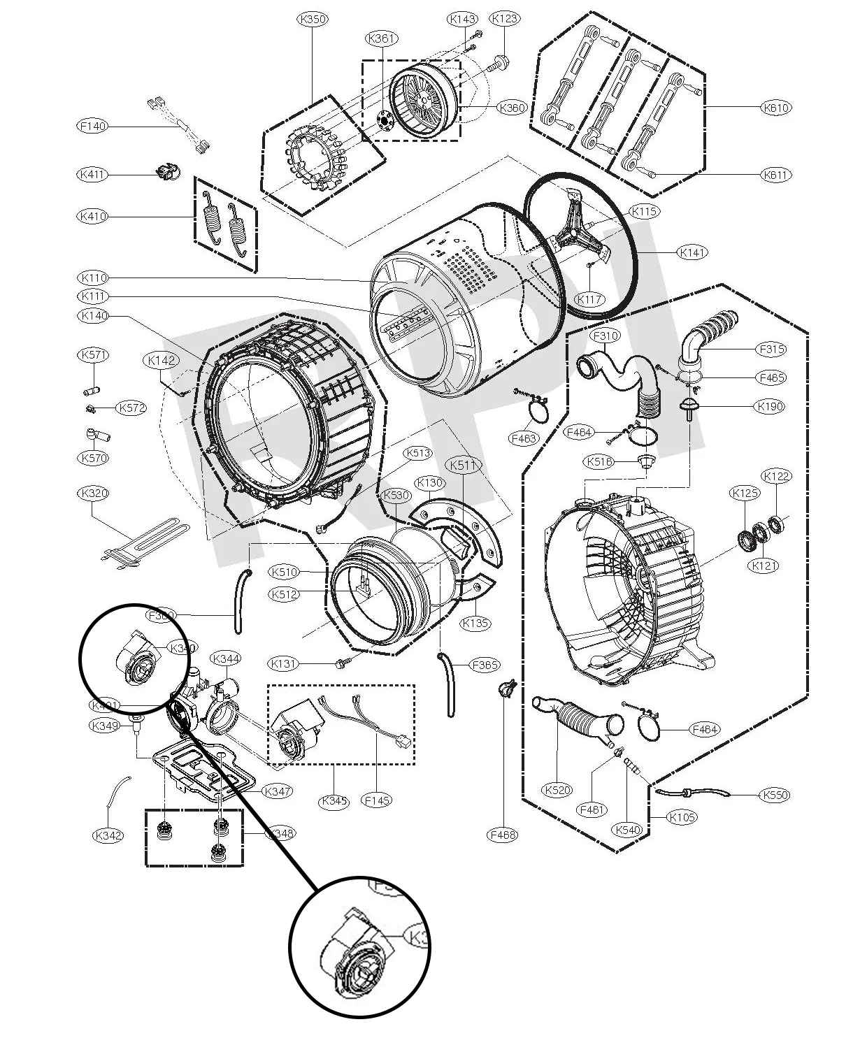 LG WM3997HWA exploded-view reference diagram with the pump position highlighted