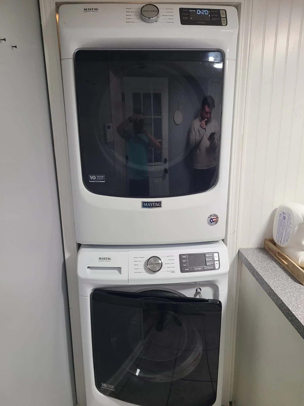 Reassembled Maytag dryer back above the washer during the final test