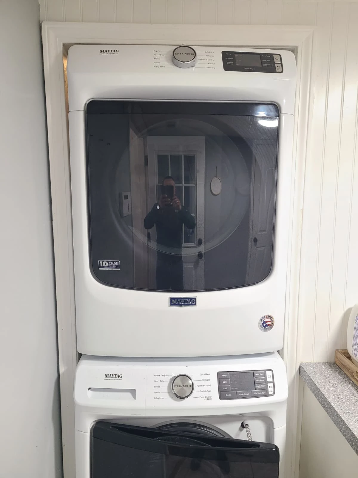 Maytag dryer stacked above its matching washer at the Fishers service visit