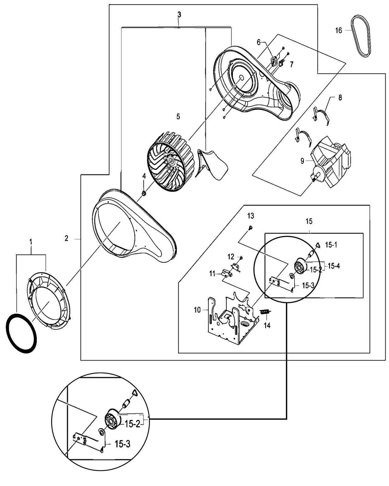 Samsung dryer component-layout reference with the idler pulley assembly highlighted