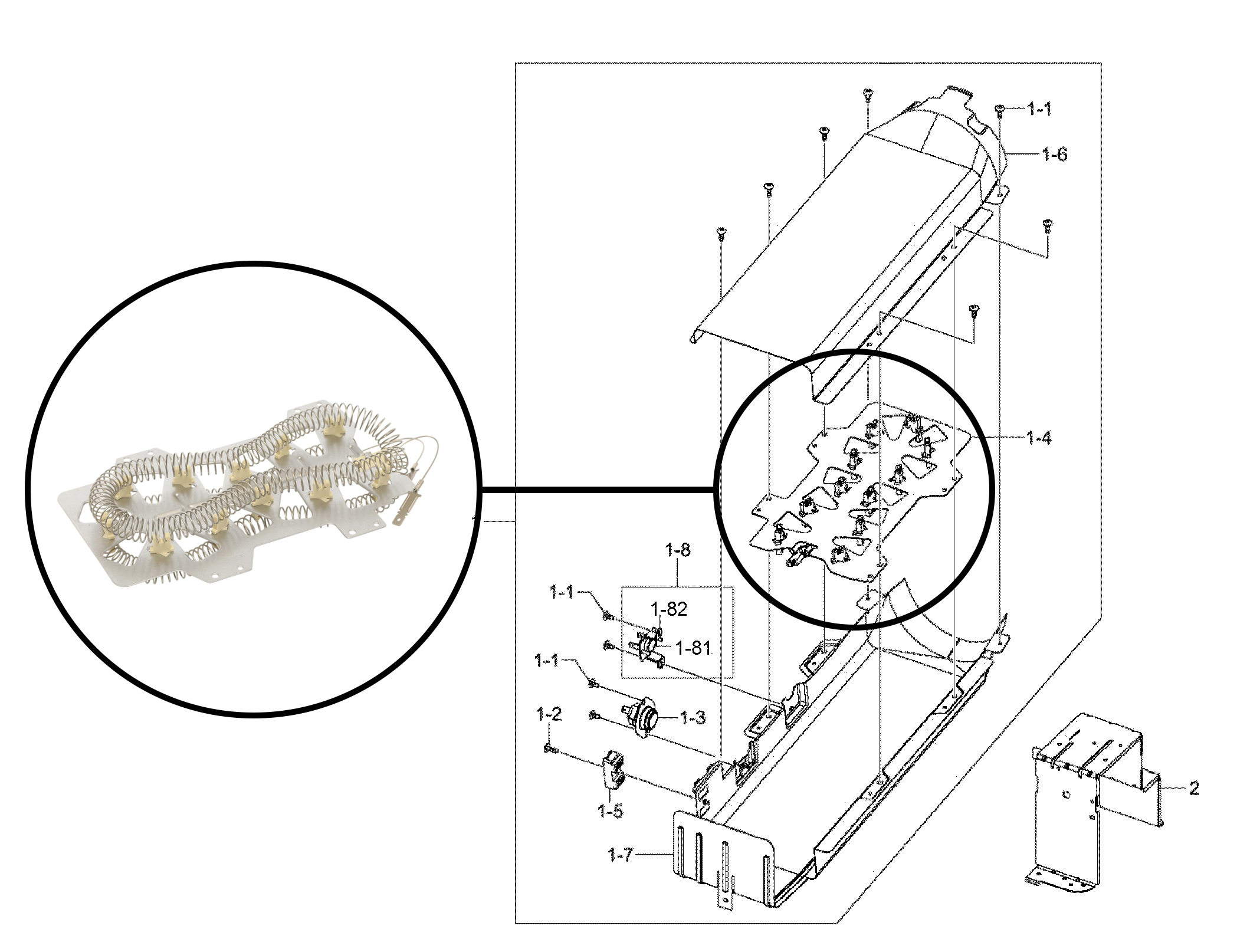 Heater assembly diagram with the heating element highlighted