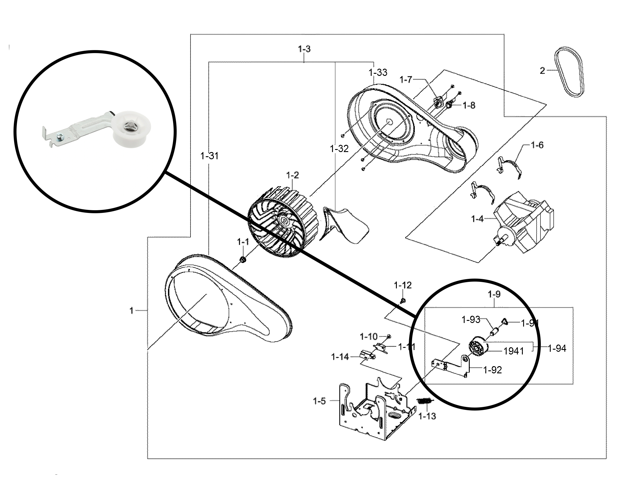 Idler pulley assembly diagram with the pulley highlighted and an enlarged reference view