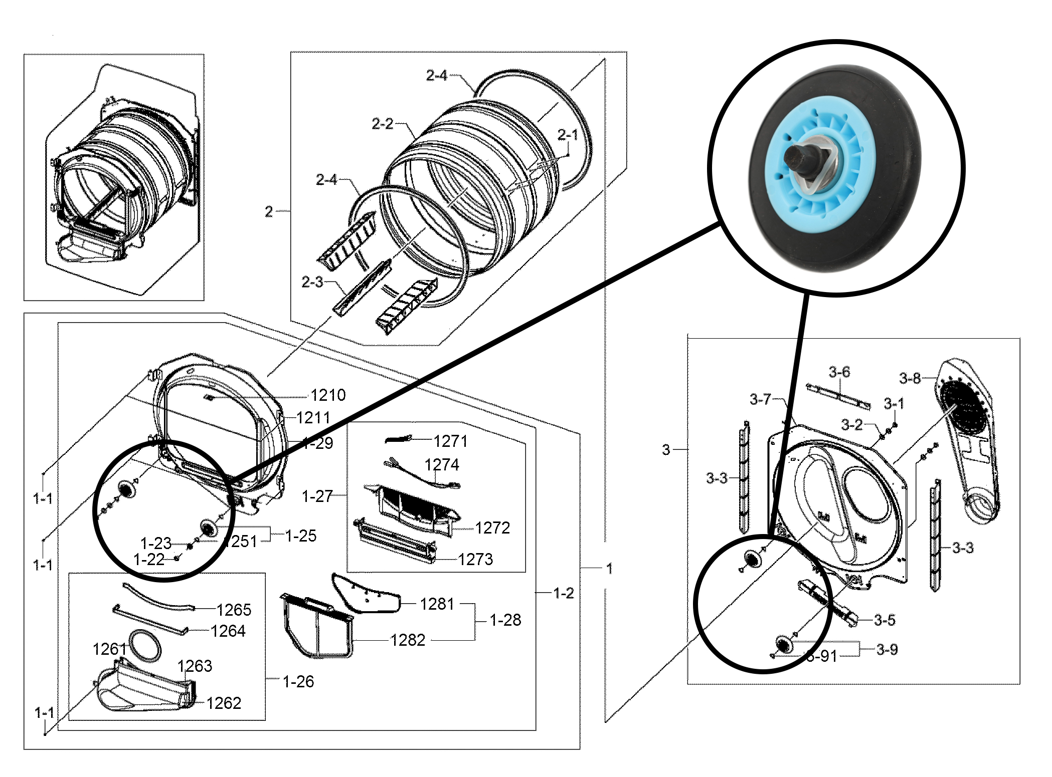 Drum support roller diagram with front and rear roller locations highlighted