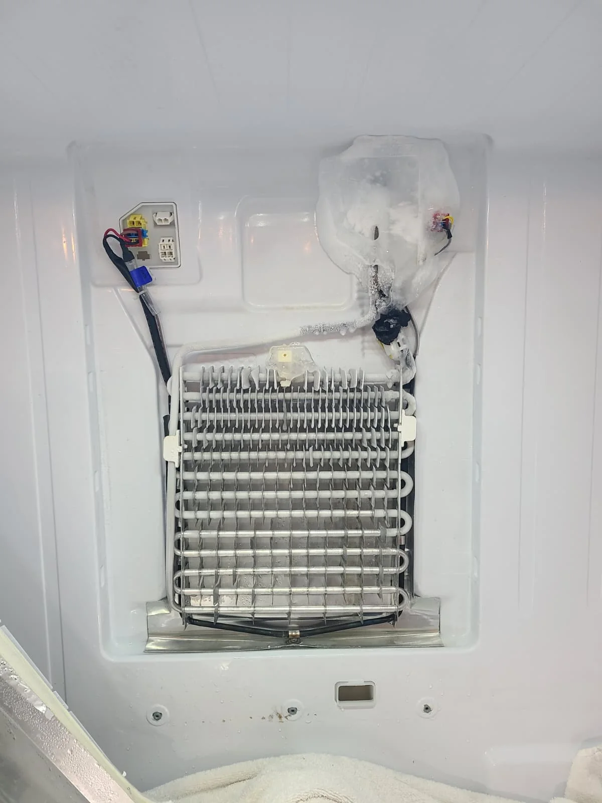 Exposed fresh-food evaporator with frost and a large ice buildup around the upper tubing