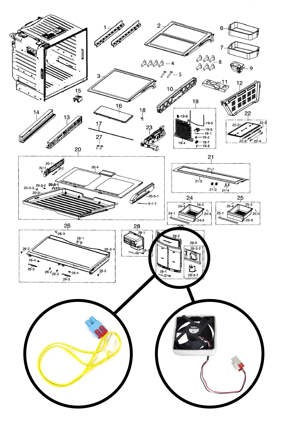 Supplied reference illustration highlighting the evaporator cover, fan and temperature sensor; not a service photograph