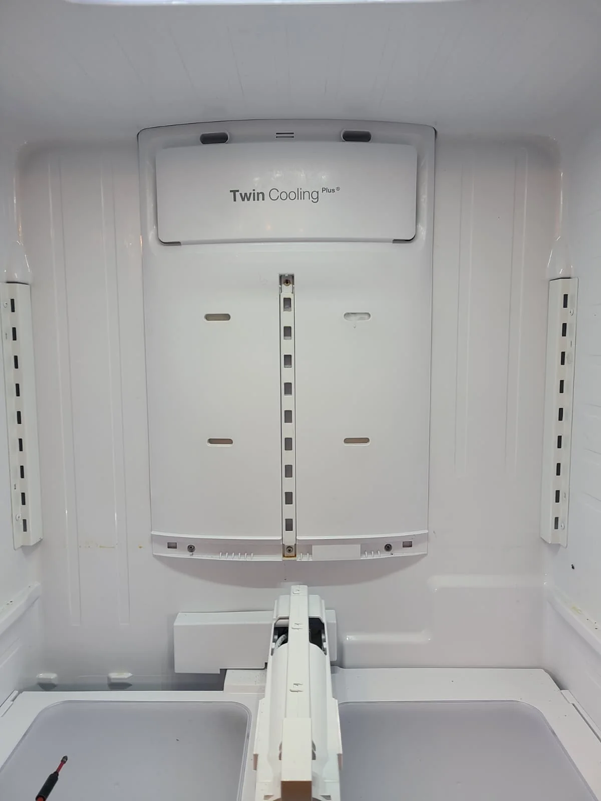 Fresh-food compartment with shelves removed and the rear evaporator cover still in place