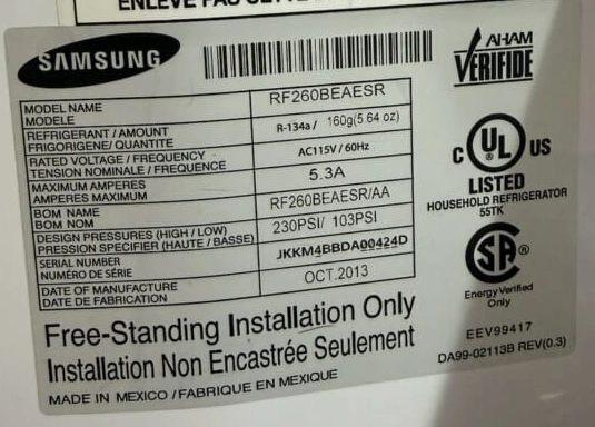 Refrigerator identification sticker showing Samsung model RF260BEAESR and full code RF260BEAESR/AA