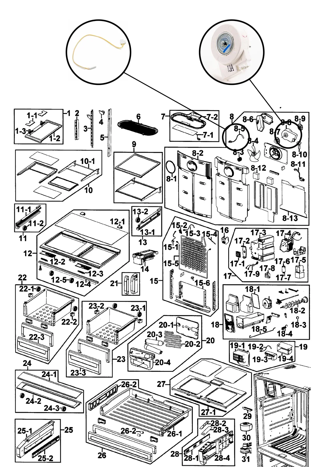 Samsung RFG237AAWP component-layout reference with the fan motor and sensor highlighted