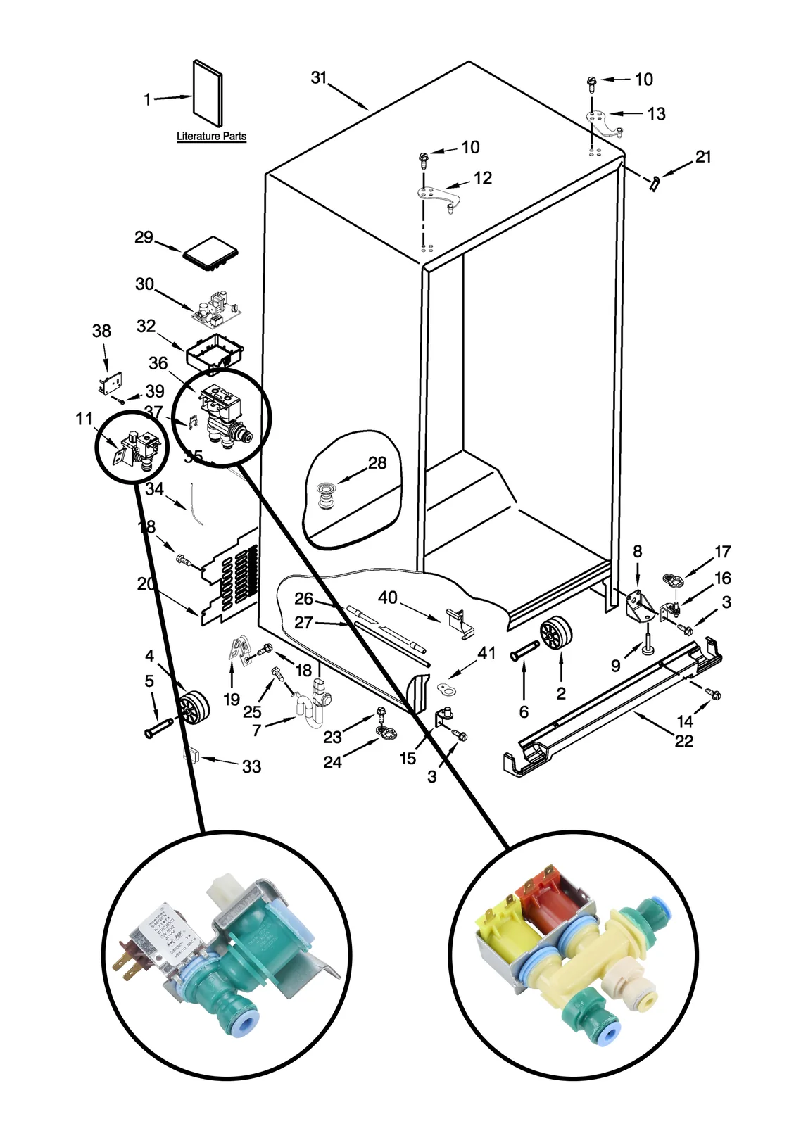 Reference parts diagram showing the two water valve assemblies for the Whirlpool refrigerator